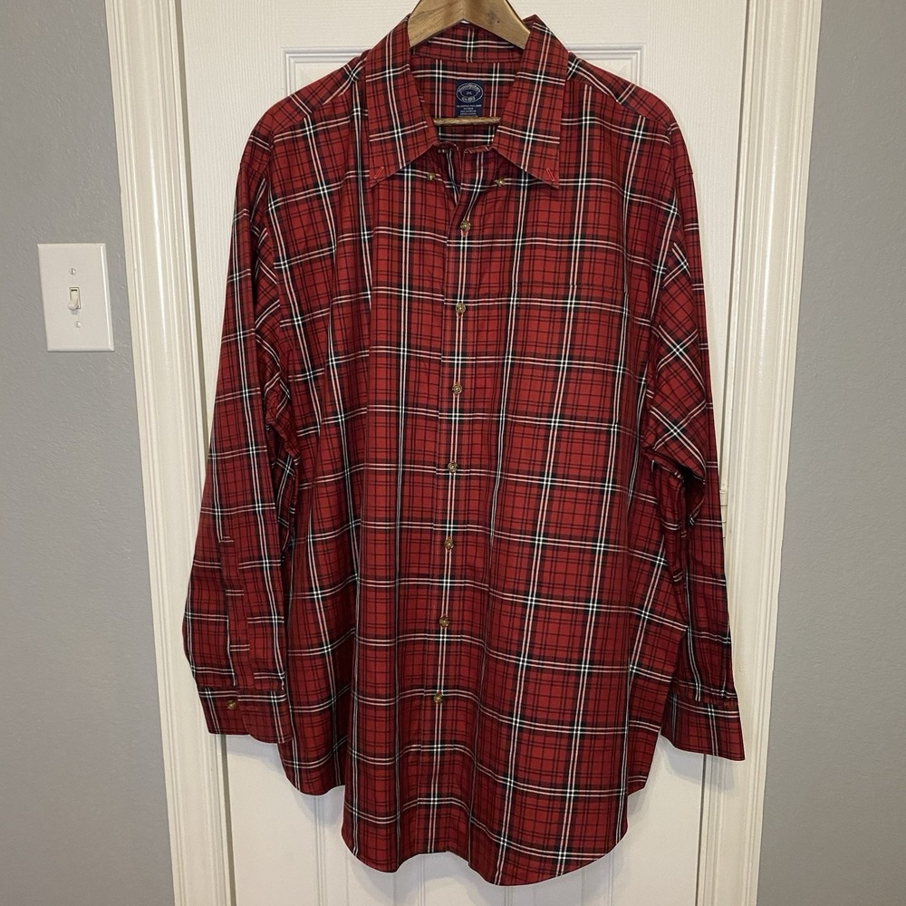 Brooks Brothers Button Front Shirt Men's 2XL Long Sleeve Red Plaid‎ Holiday